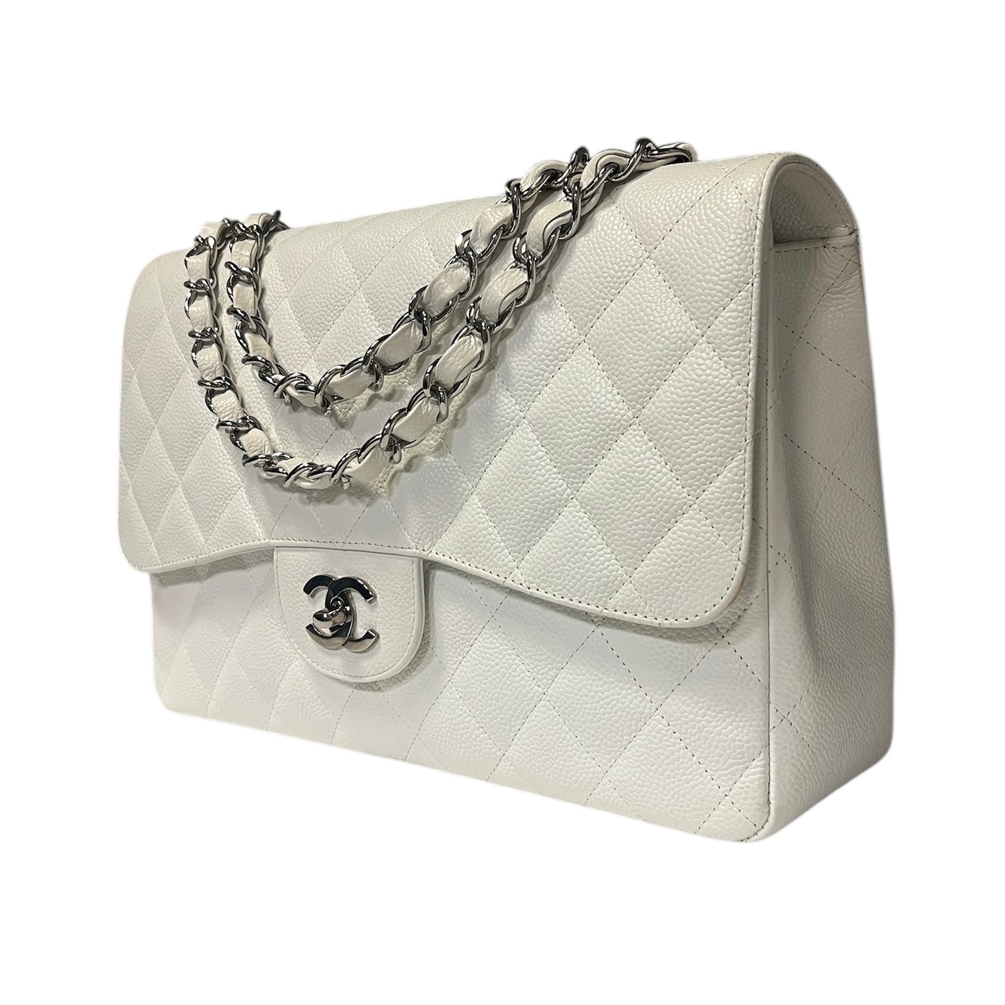 CHANEL Jumbo Classic Flap Bag in White Caviar Leather