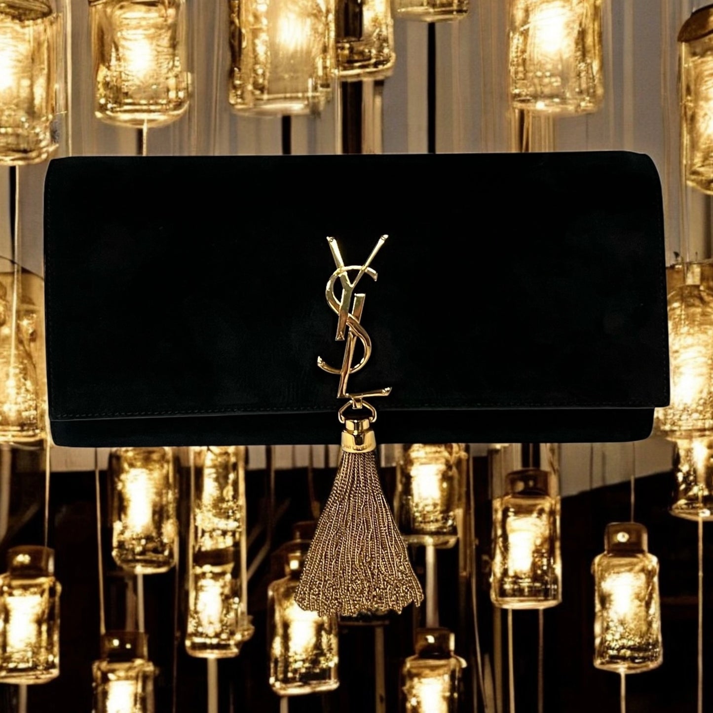 SAINT LAURENT Kate Tassel Clutch in Black Suede