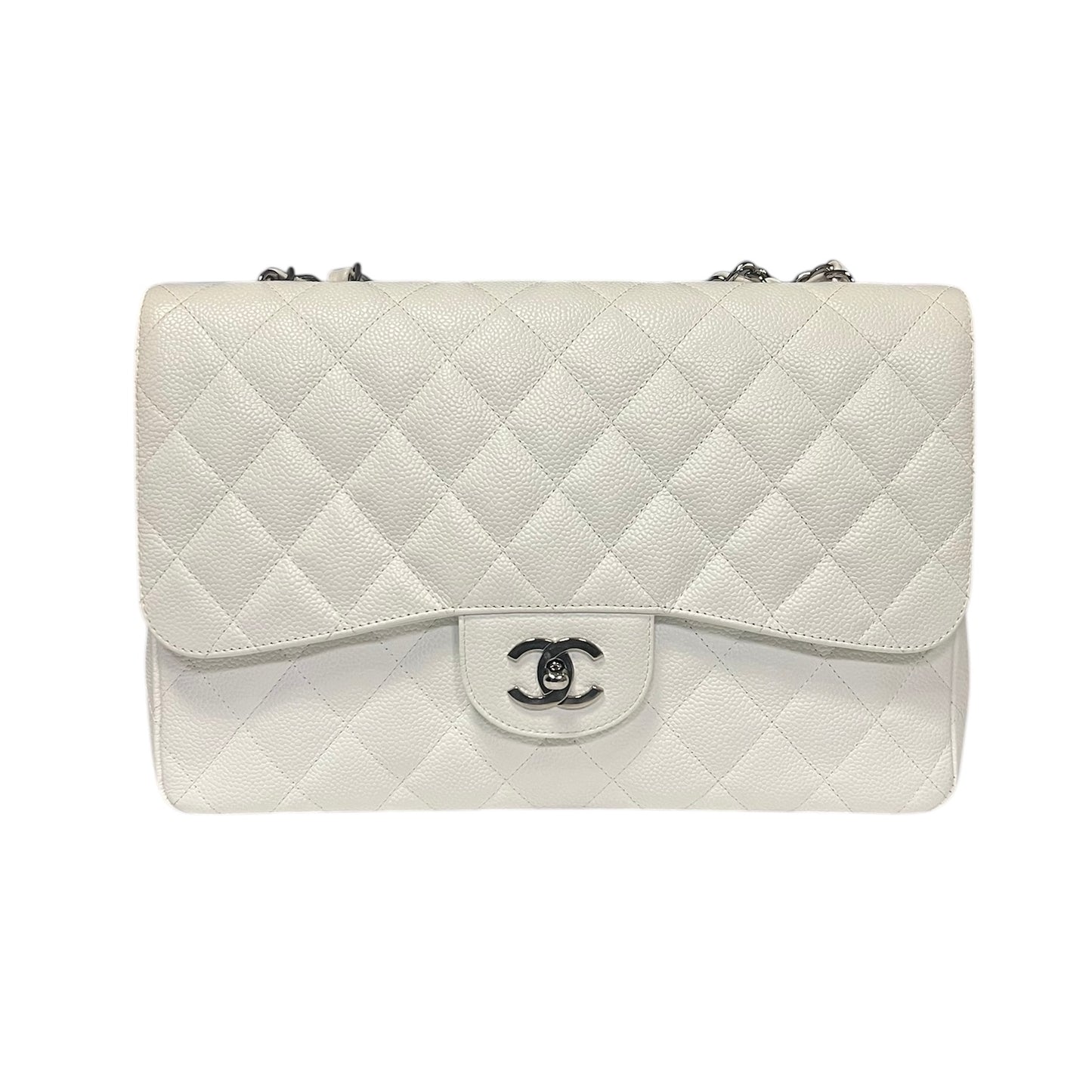 CHANEL Jumbo Classic Flap Bag in White Caviar Leather