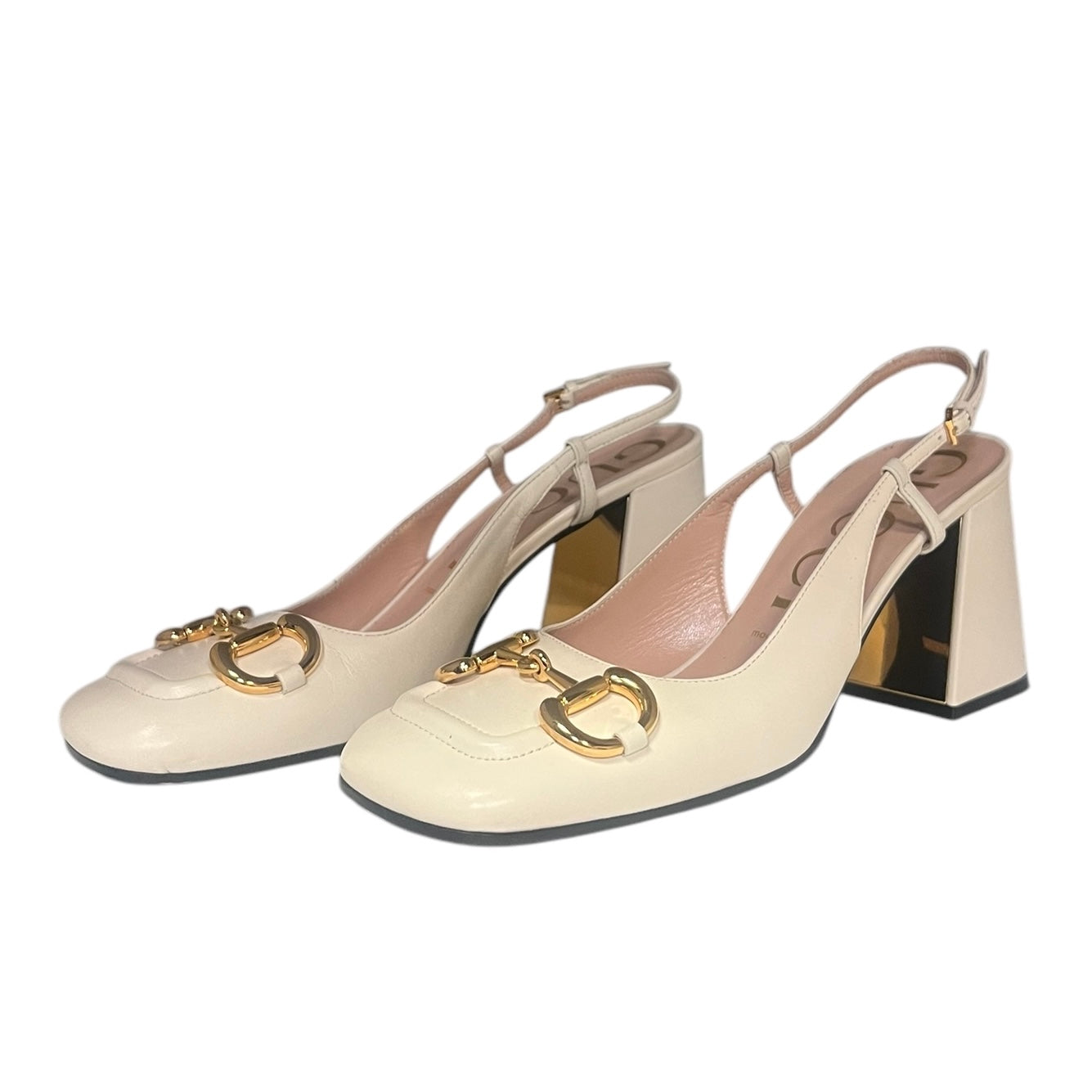 GUCCI Horsebit Block Heel Slingbacks Ivory | Size 39