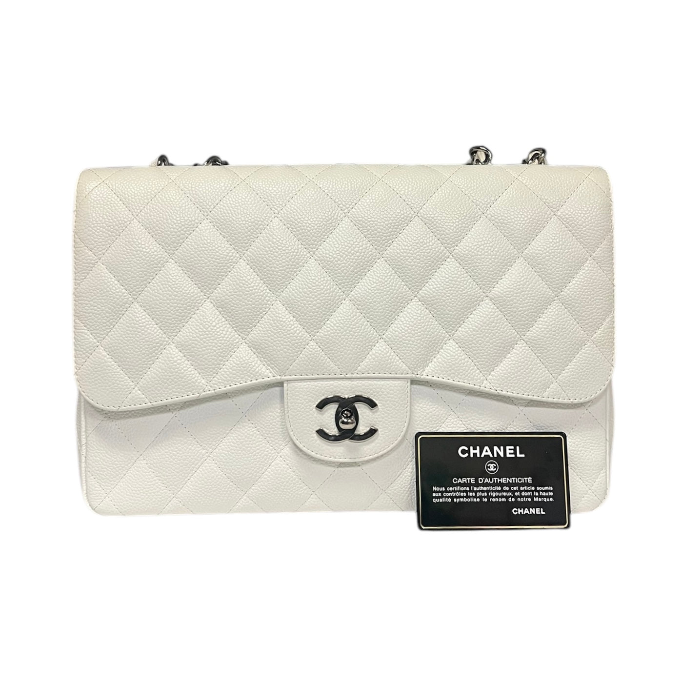 CHANEL Jumbo Classic Flap Bag in White Caviar Leather