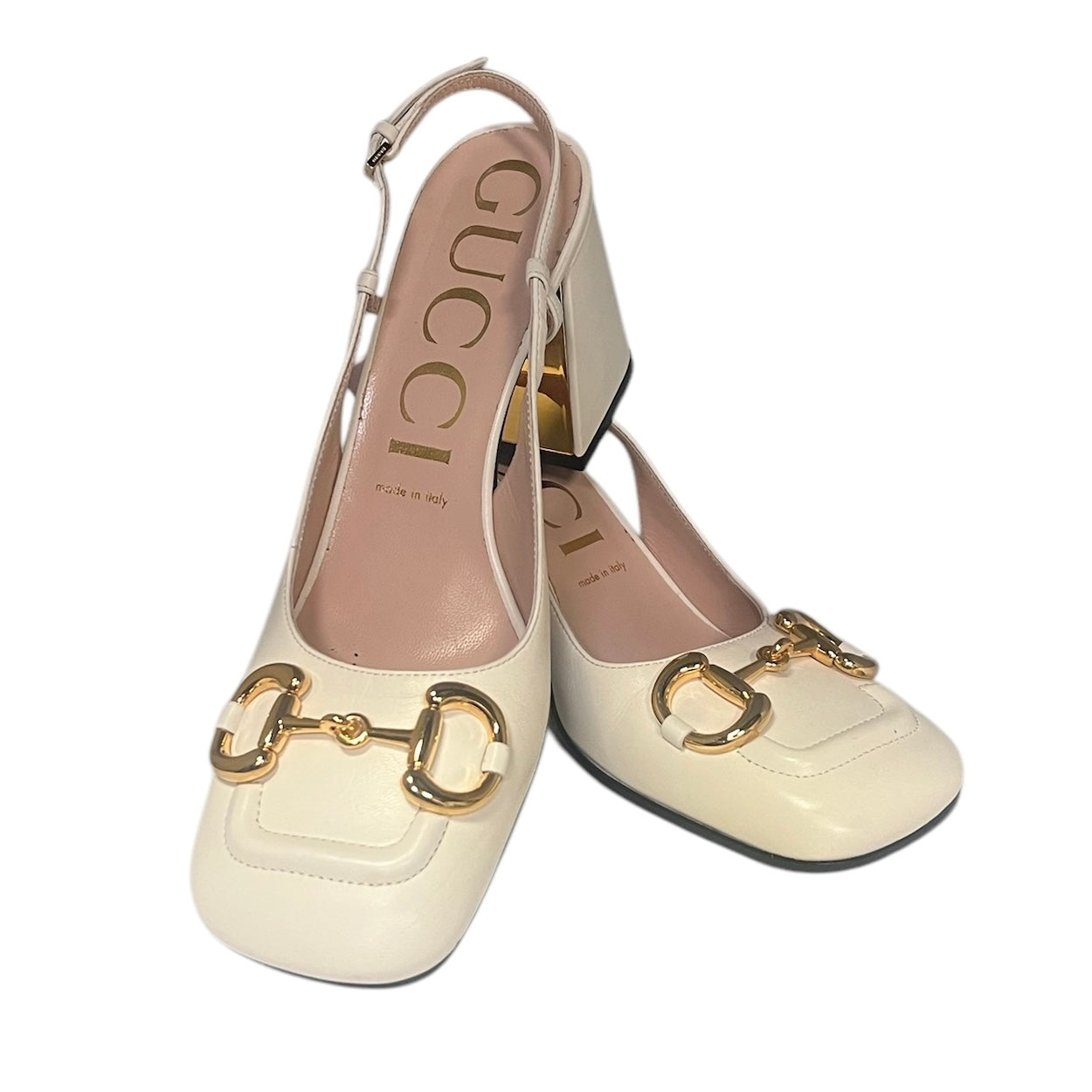 GUCCI Horsebit Block Heel Slingbacks Ivory | Size 39
