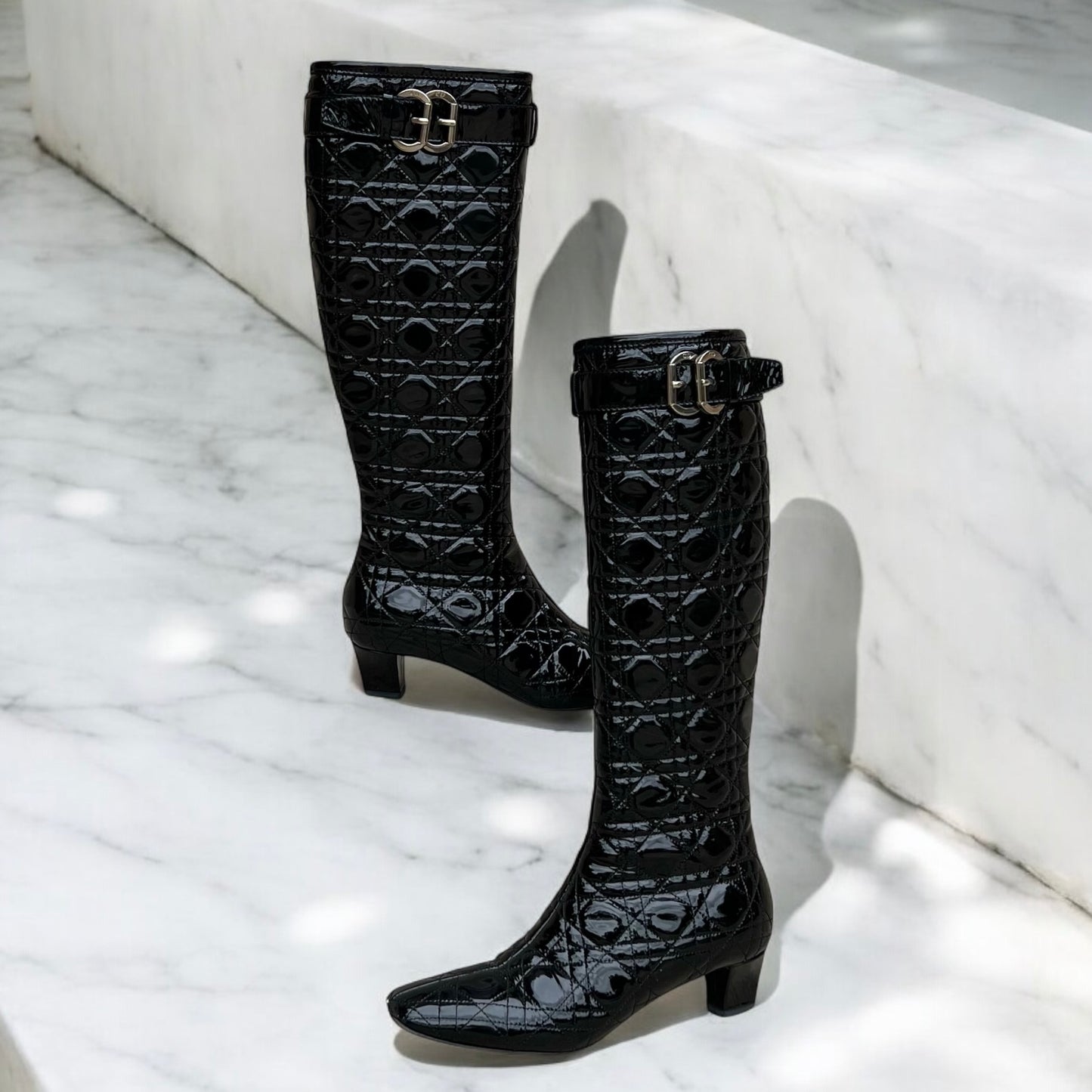 DIOR Cannage Quilted Black Patent Boots | 37.5