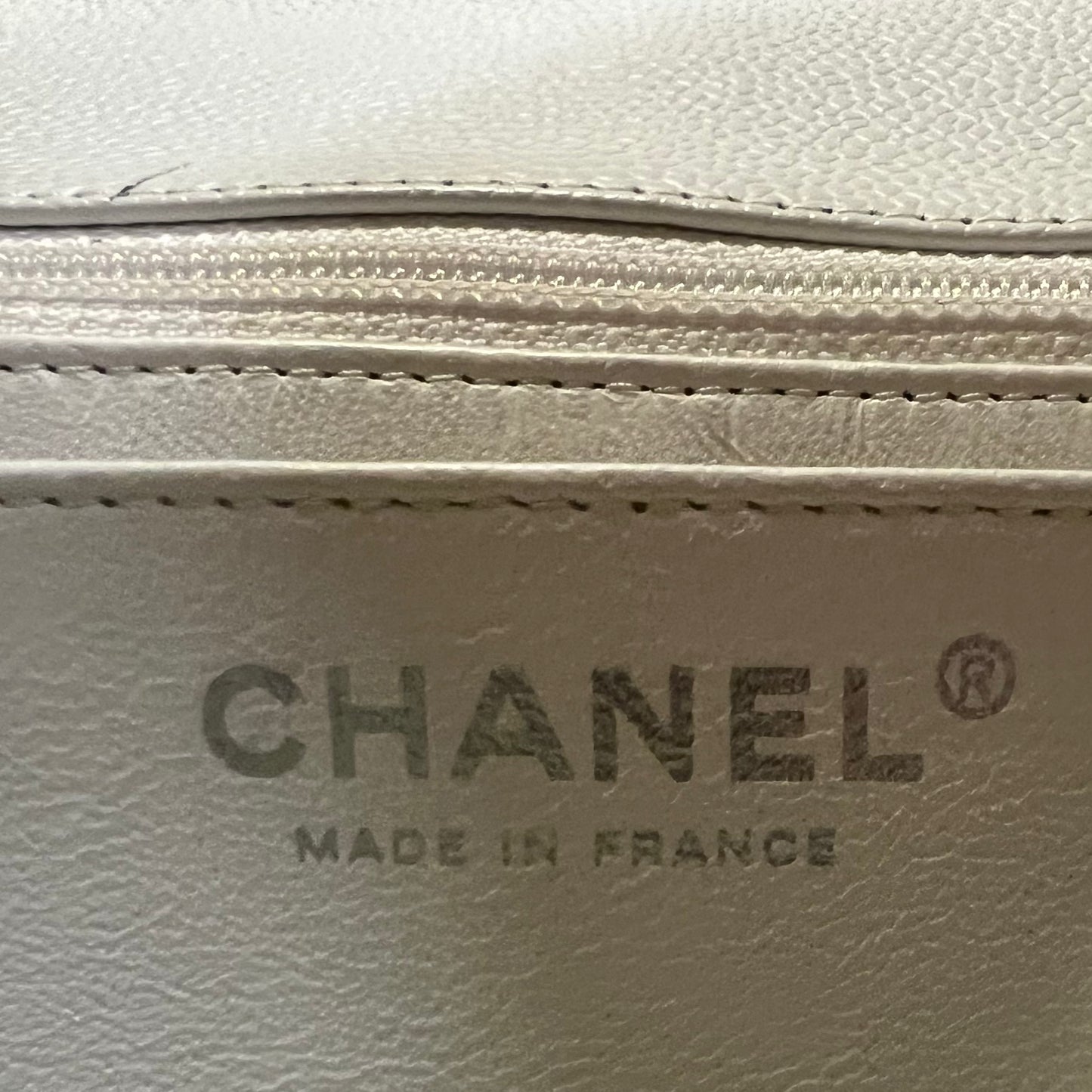 CHANEL Jumbo Classic Flap Bag in White Caviar Leather