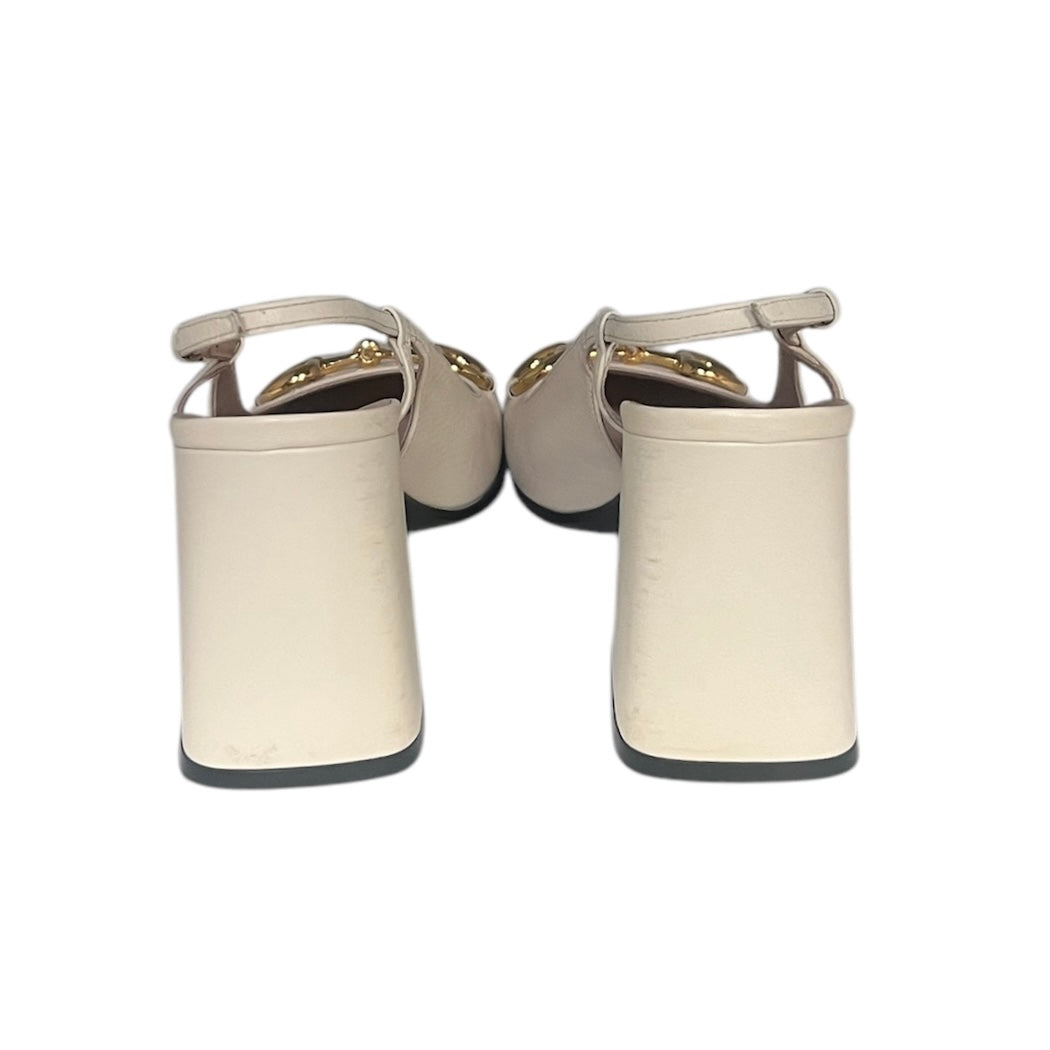 GUCCI Horsebit Block Heel Slingbacks Ivory | Size 39