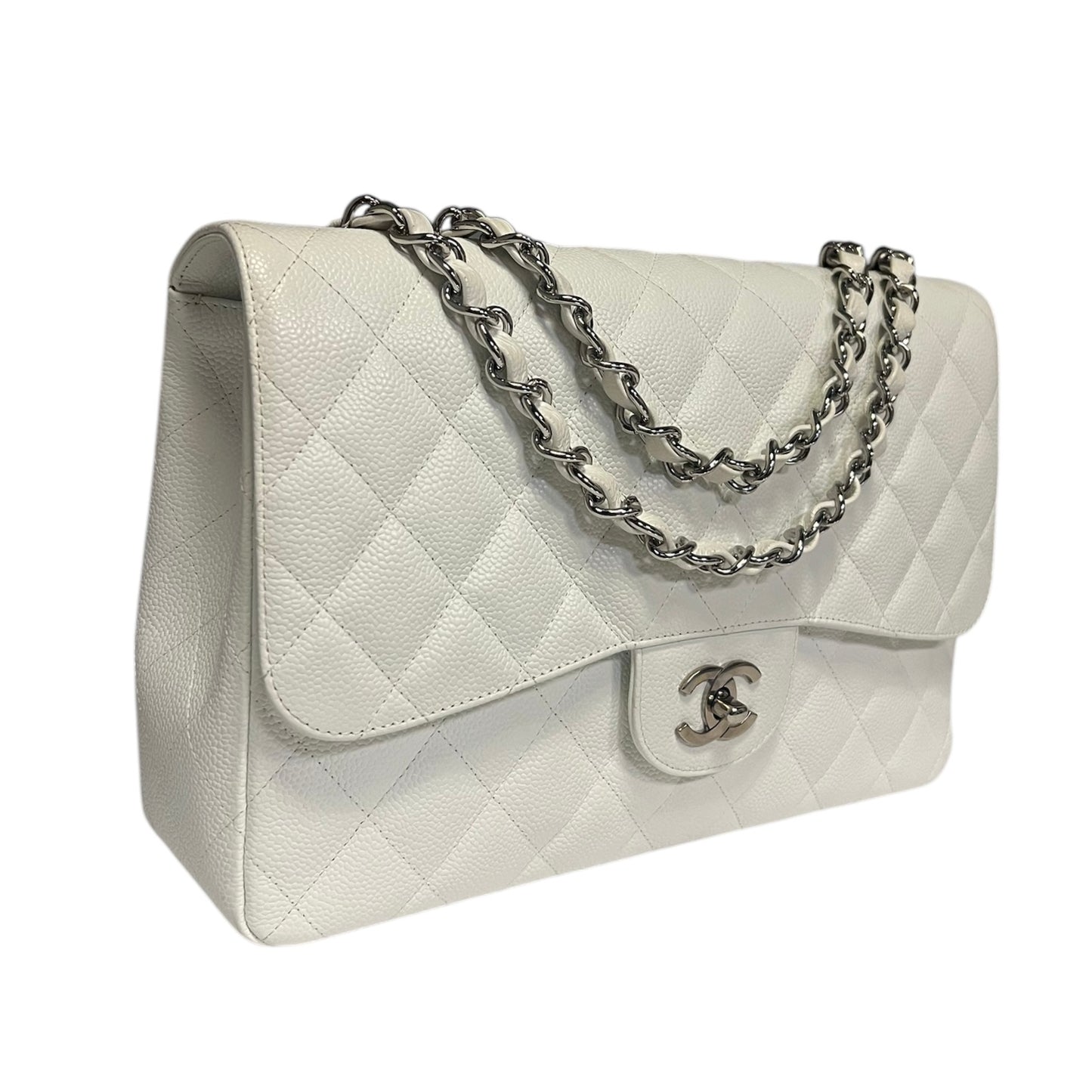CHANEL Jumbo Classic Flap Bag in White Caviar Leather
