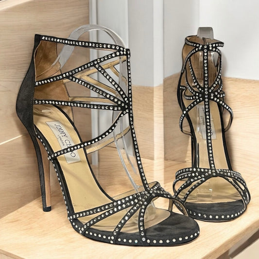 JIMMY CHOO Crystal Embellished Suede Sandals | Size 41