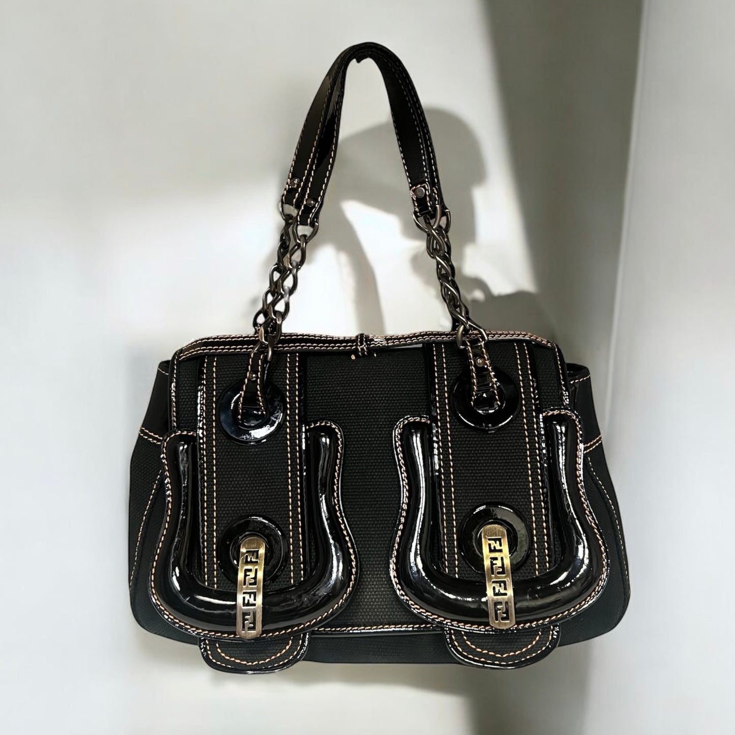 FENDI Toile & Patent Leather B Bag