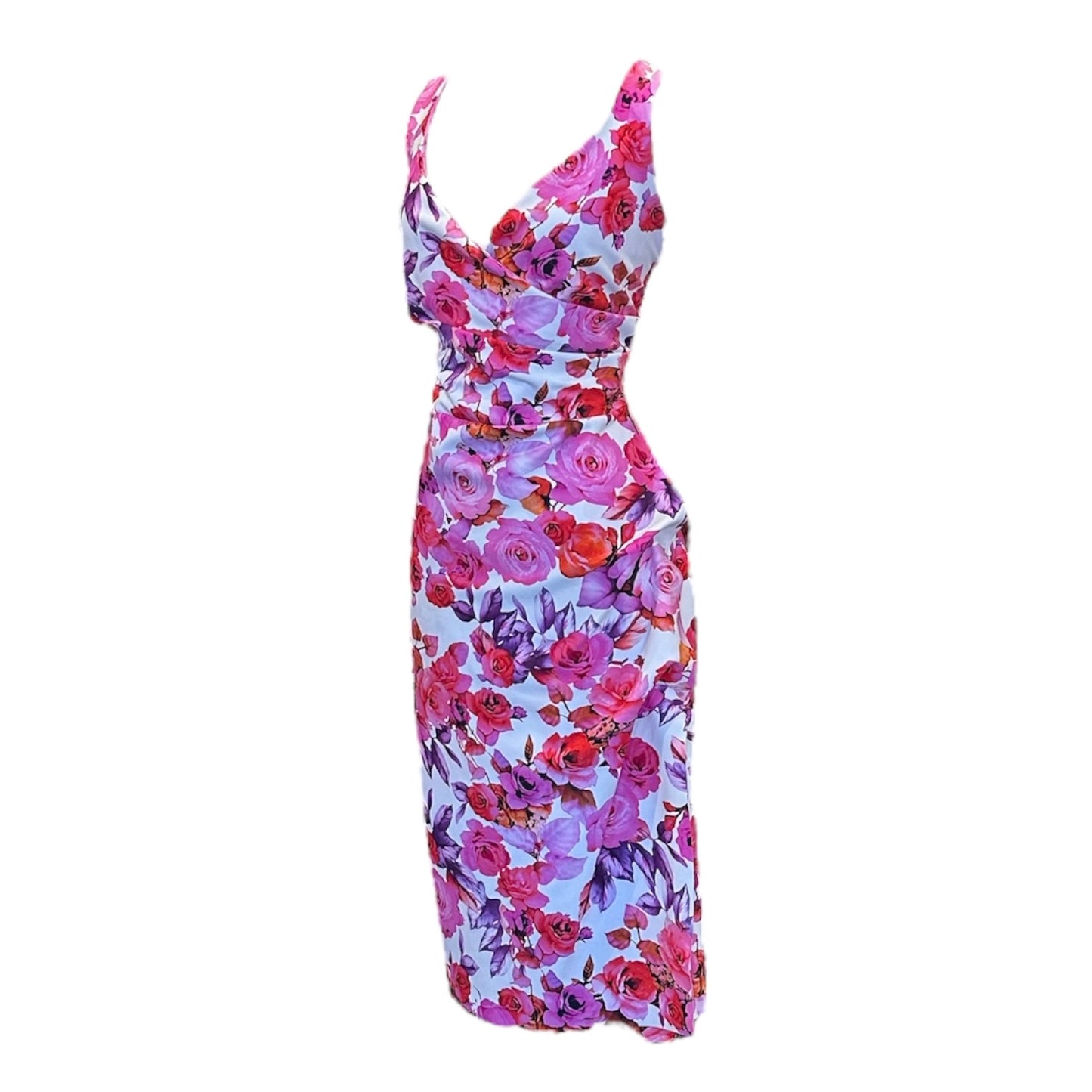 CHIARA BONI Rose Print Ruched Dress | Size 10
