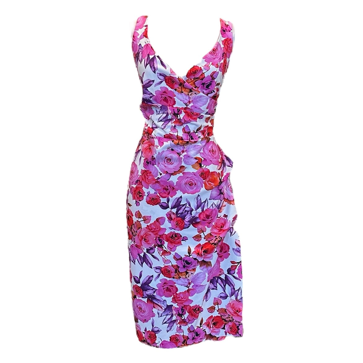 CHIARA BONI Rose Print Ruched Dress | Size 10
