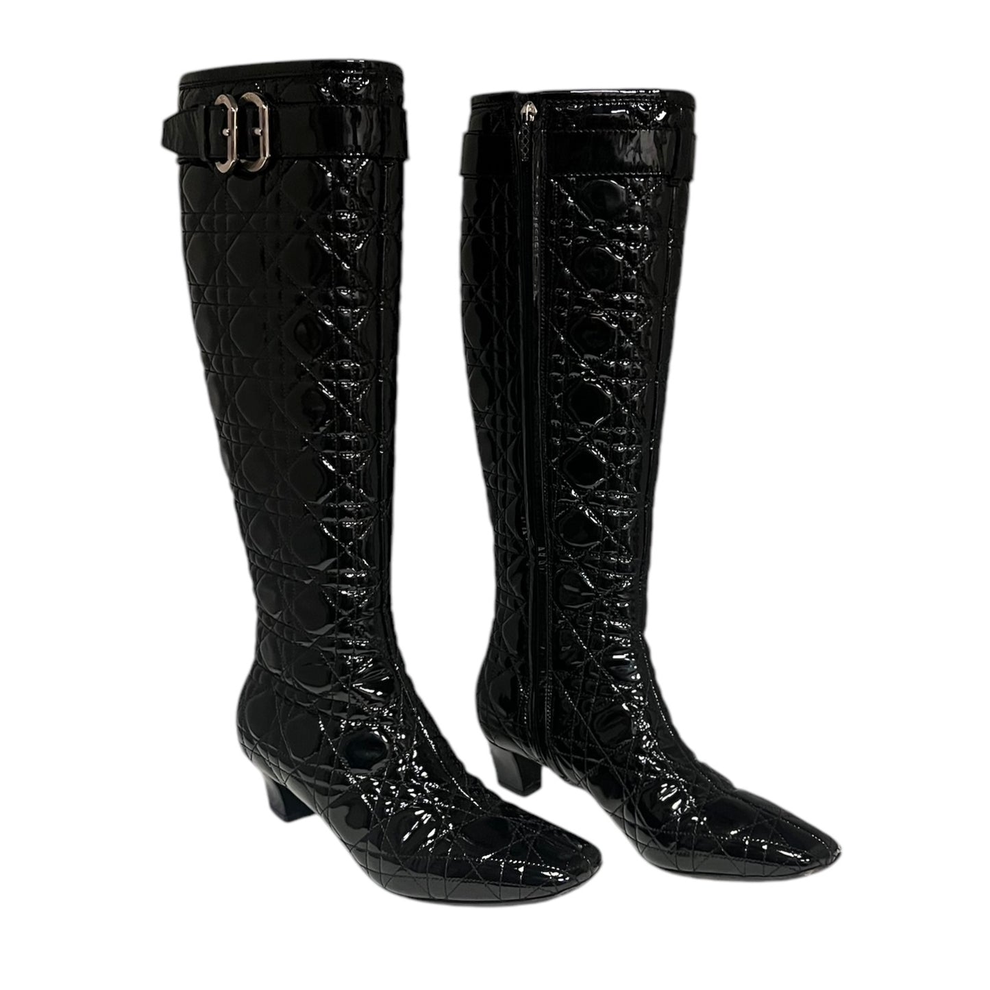 DIOR Cannage Quilted Black Patent Boots | 37.5
