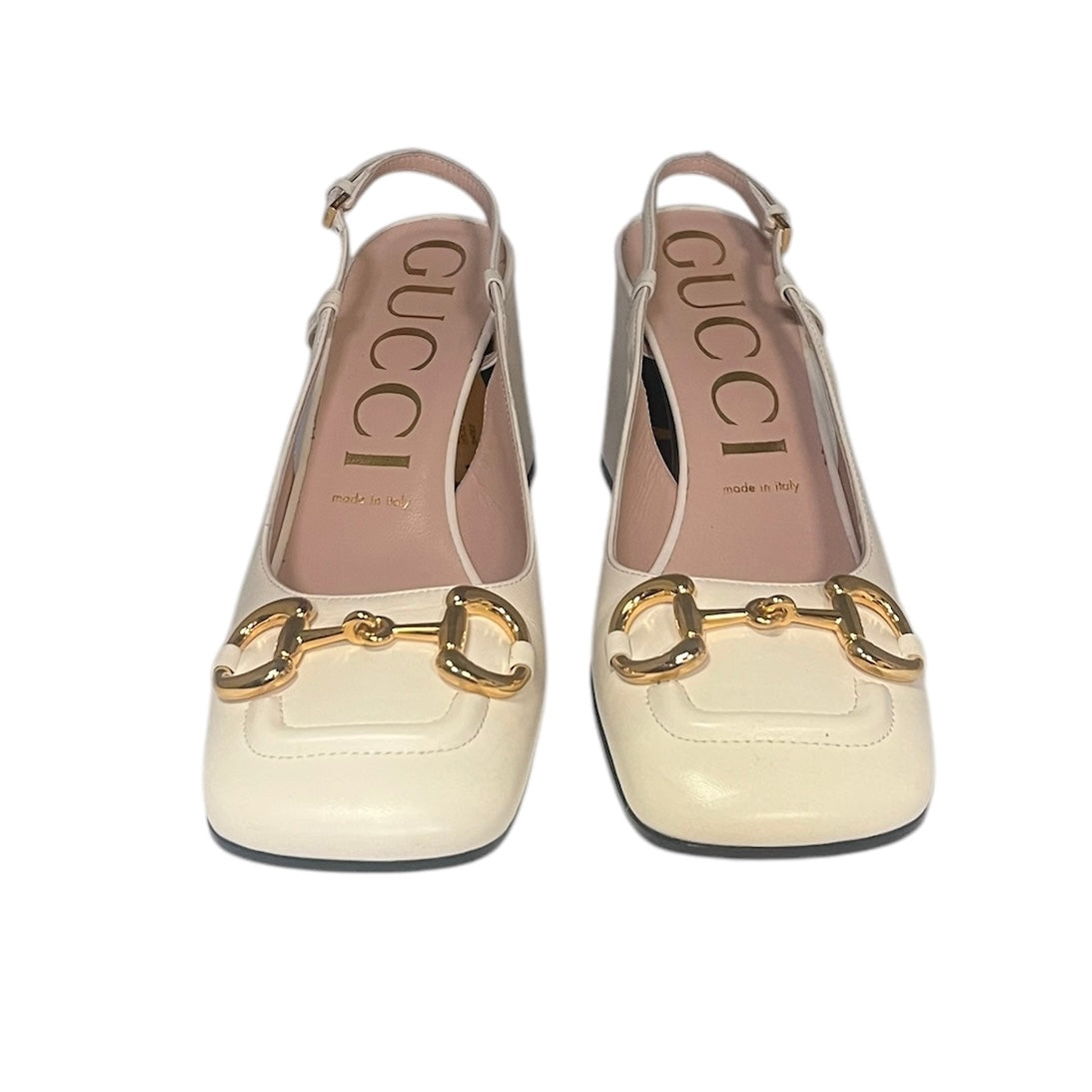 GUCCI Horsebit Block Heel Slingbacks Ivory | Size 39