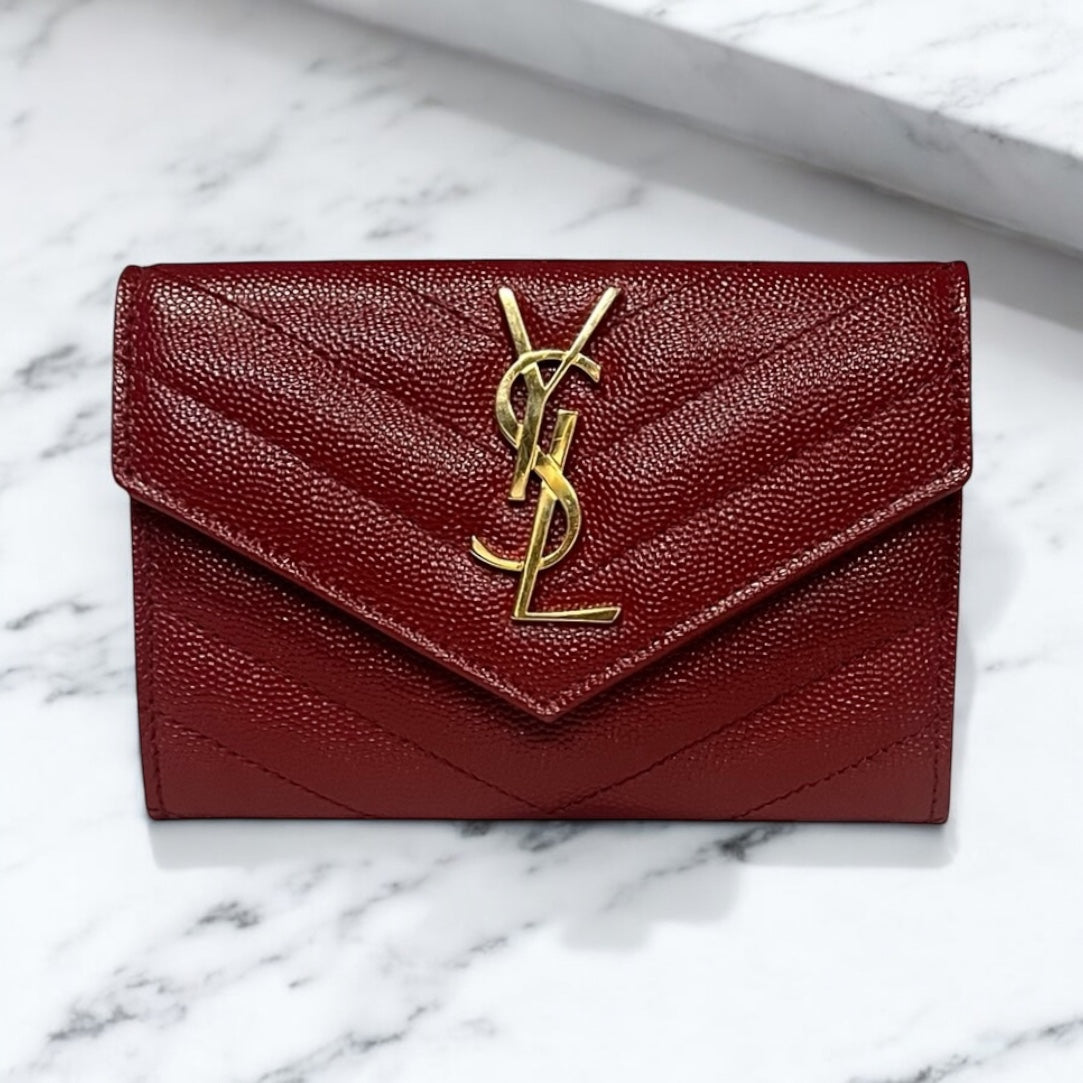 SAINT LAURENT Cassandre Matelasse Small Wallet in Grain De Poudre Leather | Opyum Red