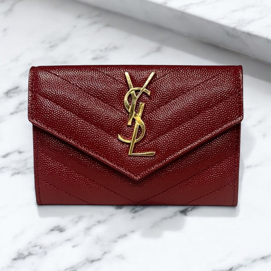 SAINT LAURENT Cassandre Matelasse Small Wallet in Grain De Poudre Leather | Opyum Red