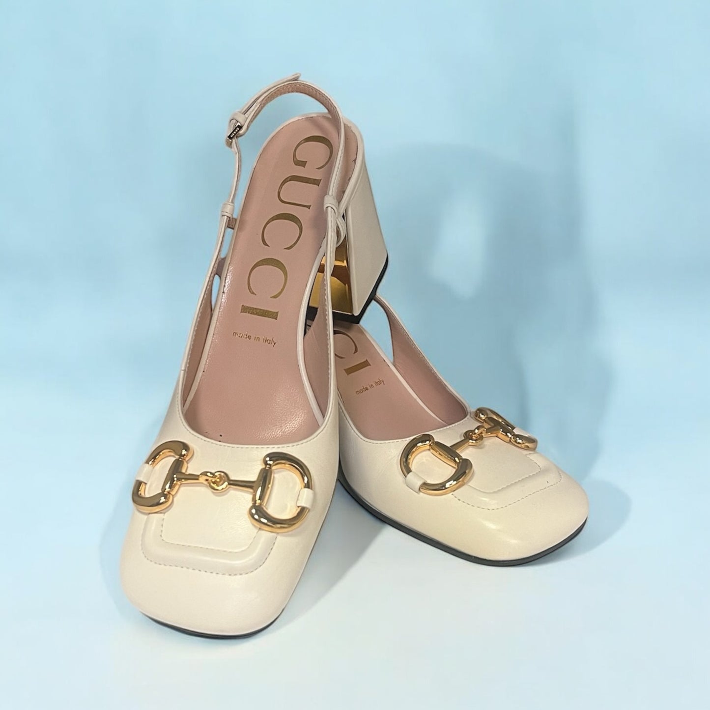 GUCCI Horsebit Block Heel Slingbacks Ivory | Size 39