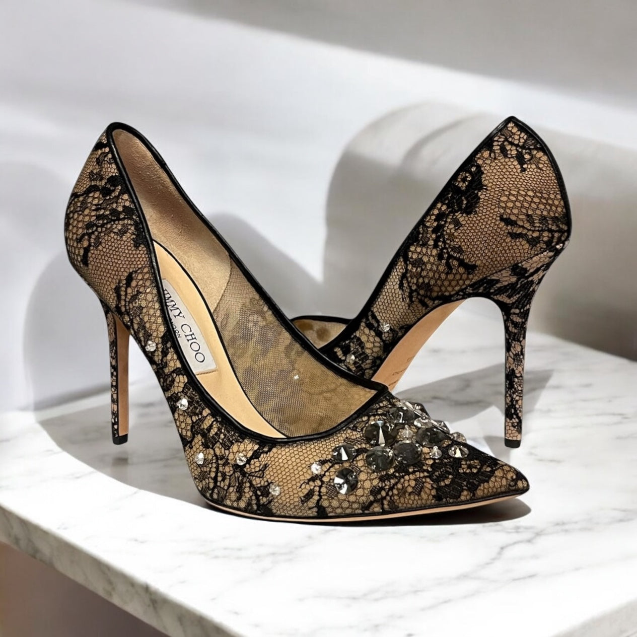 JIMMY CHOO Crystal Embellished Lace Pumps | Size 40.5