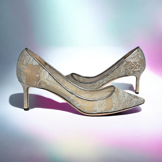 JIMMY CHOO Metallic Lace 60mm Romy Pump in Silver | 37.5