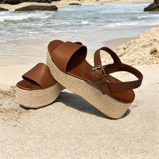 PRADA Platform Espadrille Sandals in Saddle | 39.5