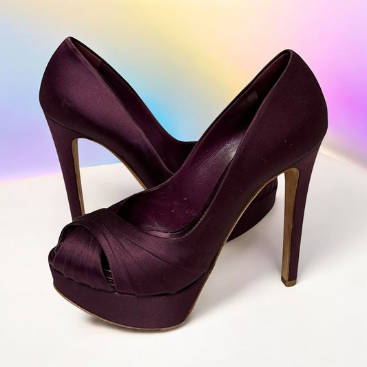 DIOR Satin Peeptoe Pumps in Plum | 37.5
