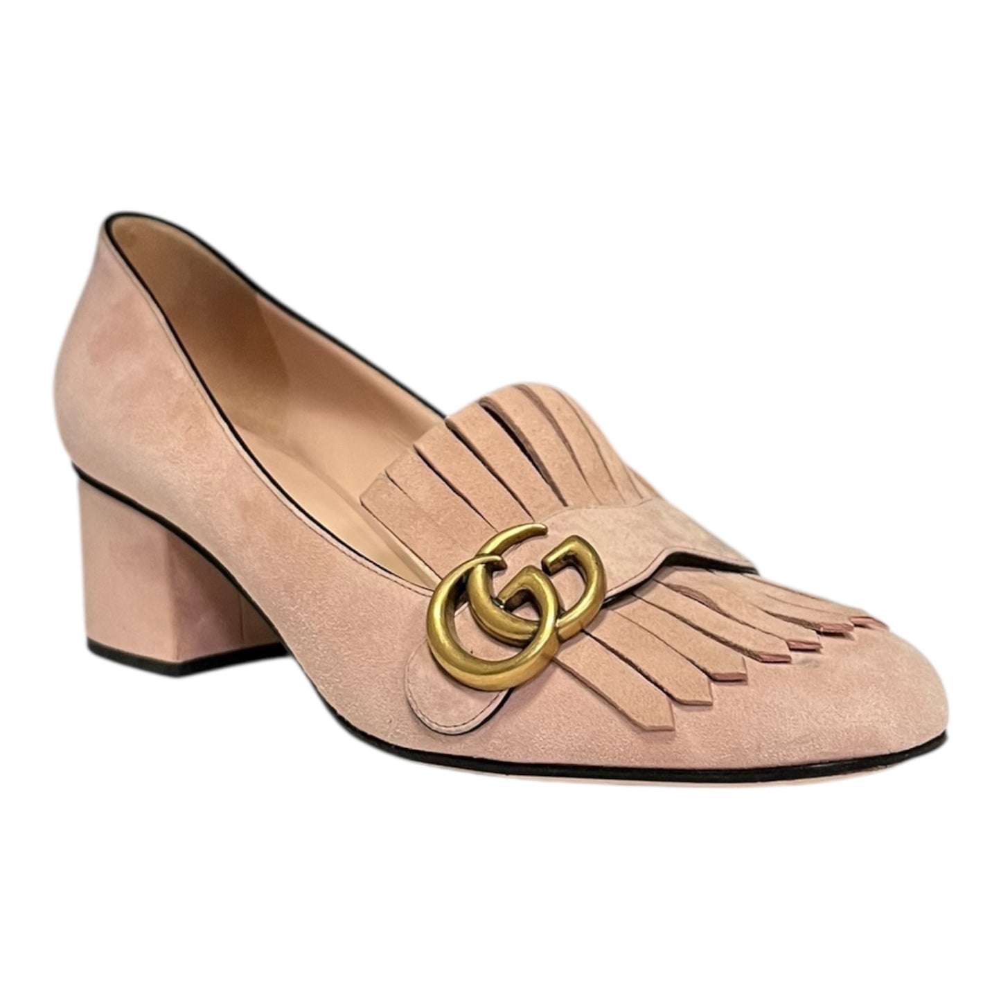 GUCCI Marmont Fringe Block Heels in Blush Suede | 38.5