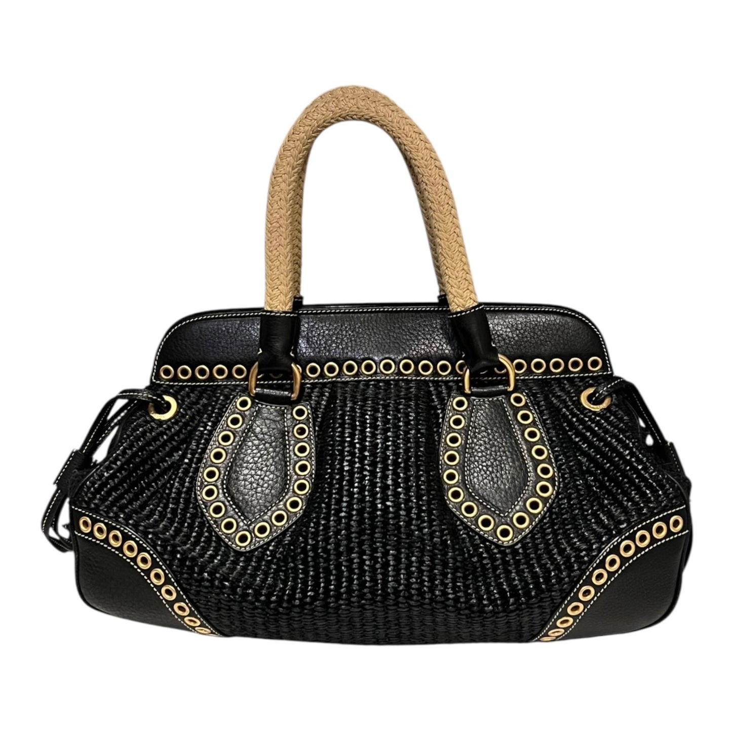 PRADA Grommet Raffia Handbag in Black
