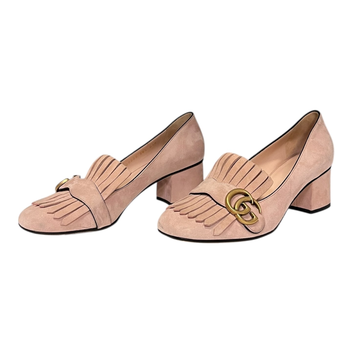 GUCCI Marmont Fringe Block Heels in Blush Suede | 38.5