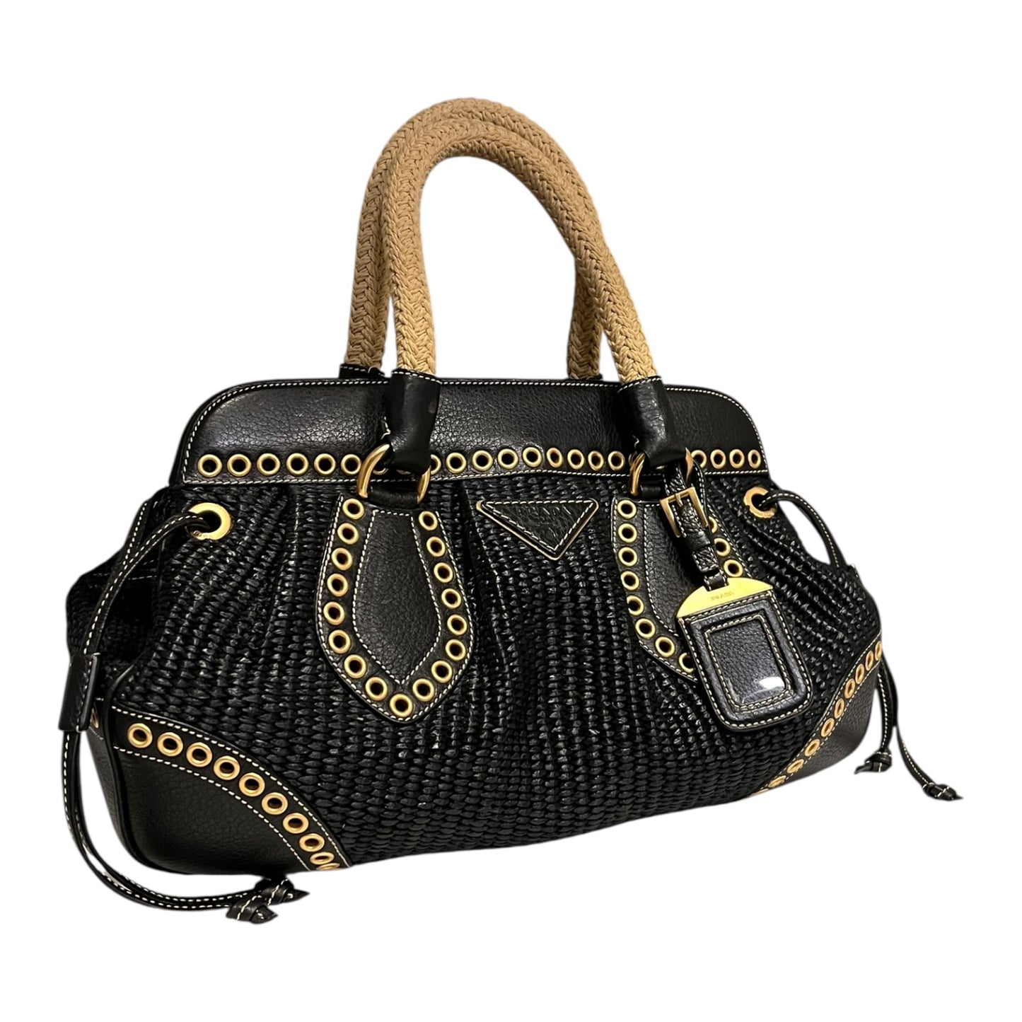 PRADA Grommet Raffia Handbag in Black