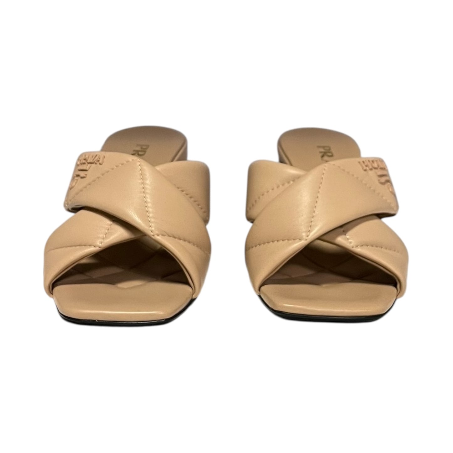 PRADA Quilted Lambskin Crisscross Slides in Sabbia | 35