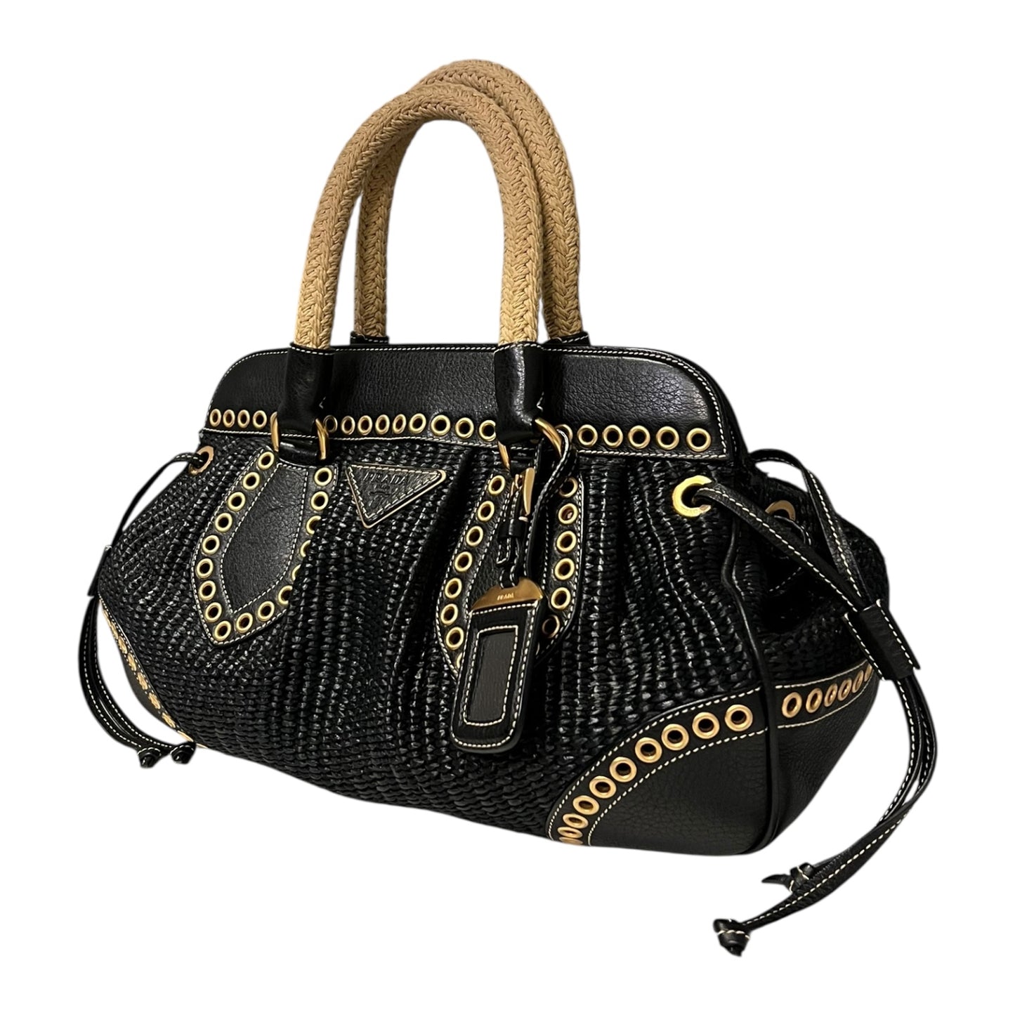 PRADA Grommet Raffia Handbag in Black