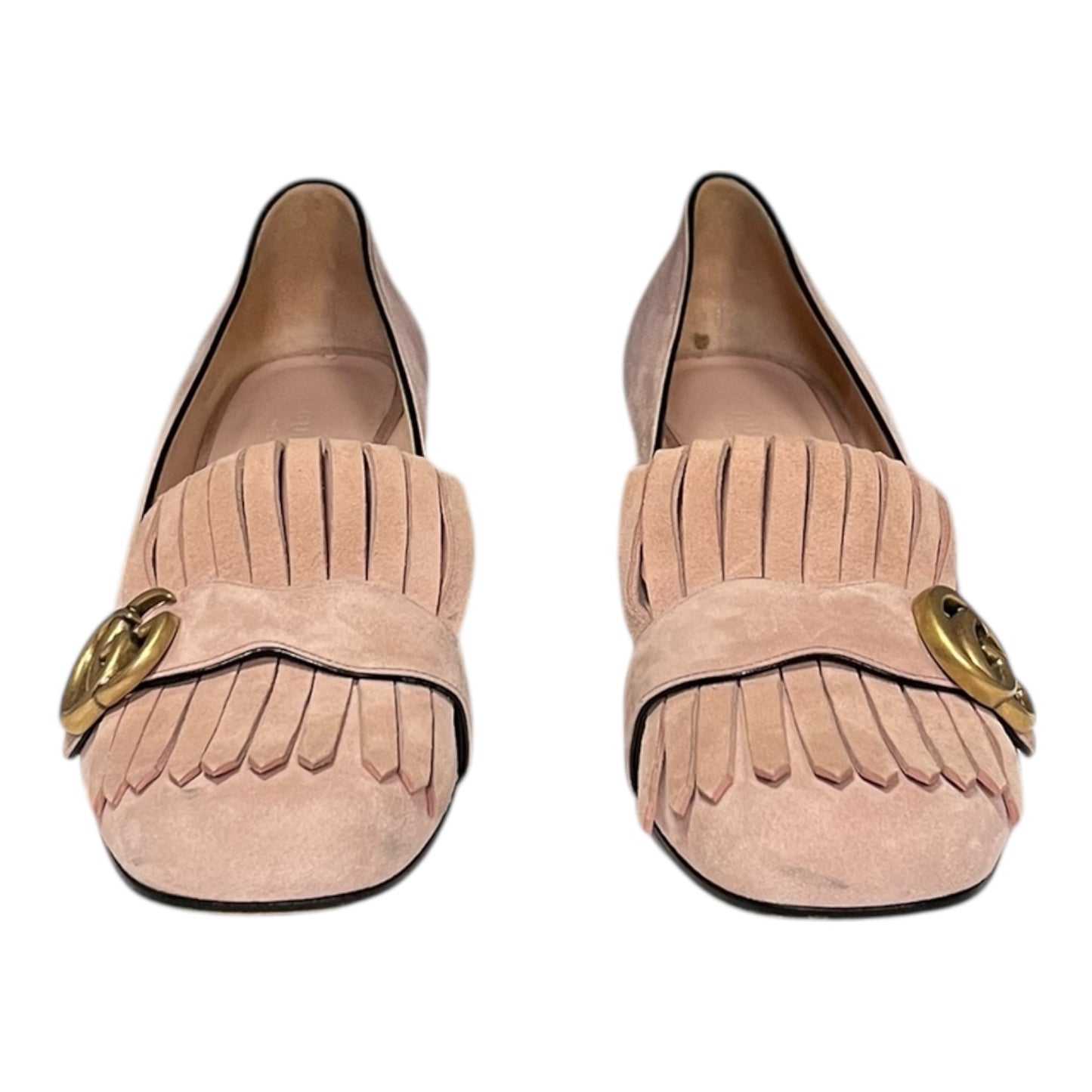GUCCI Marmont Fringe Block Heels in Blush Suede | 38.5