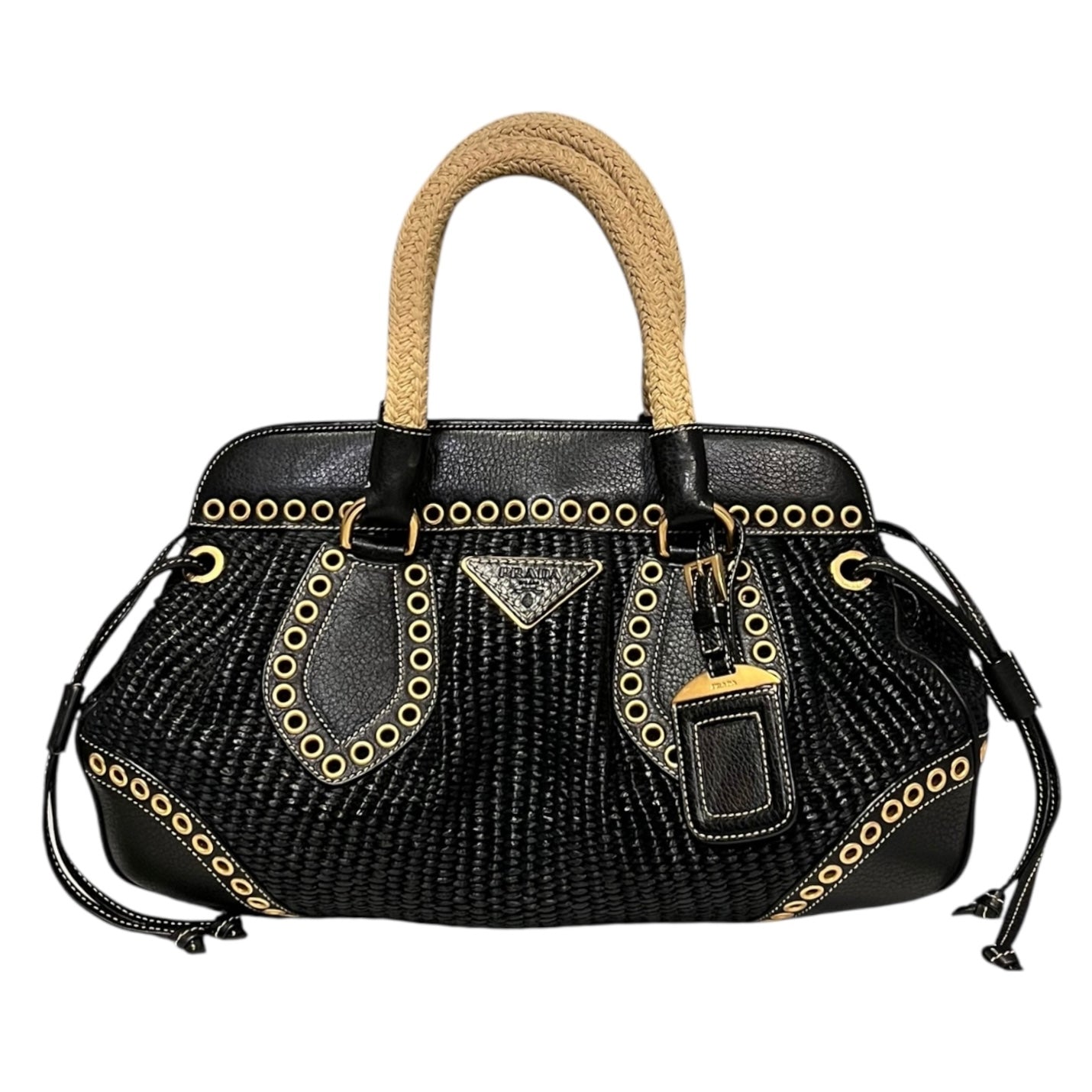 PRADA Grommet Raffia Handbag in Black
