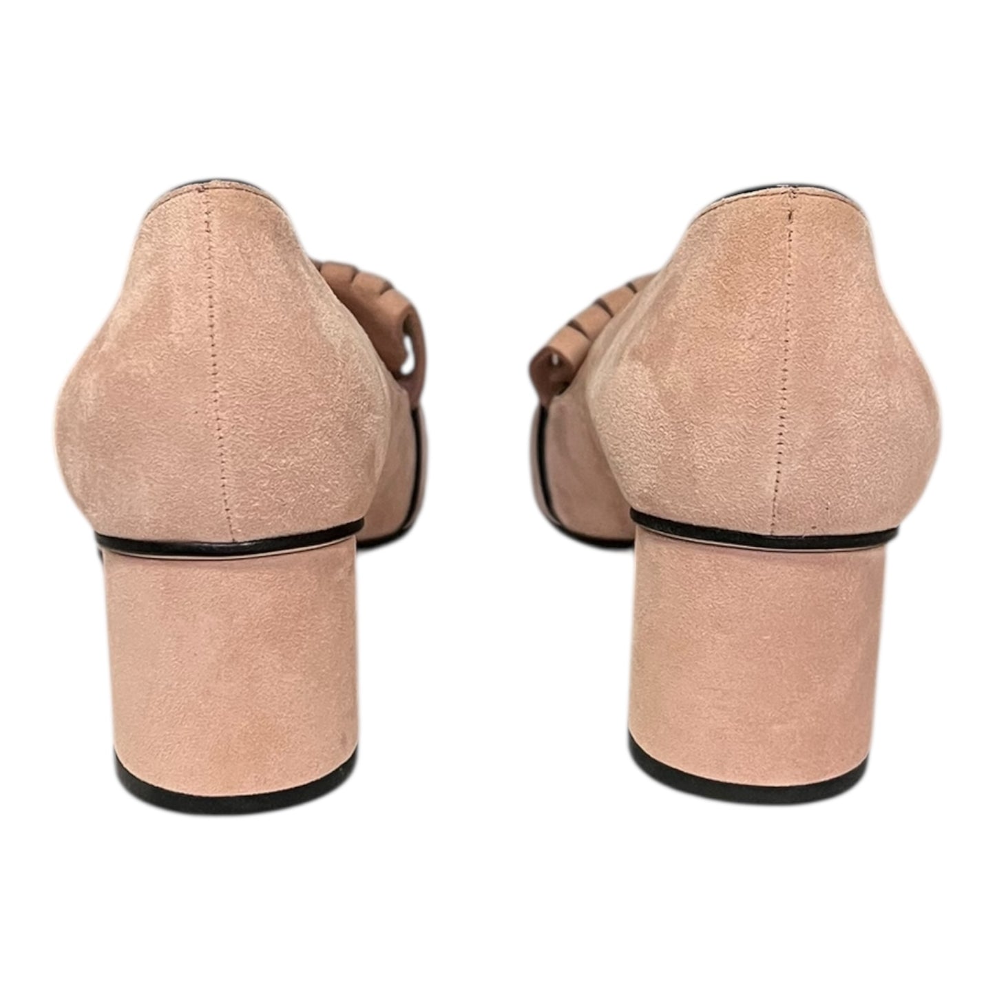 GUCCI Marmont Fringe Block Heels in Blush Suede | 38.5