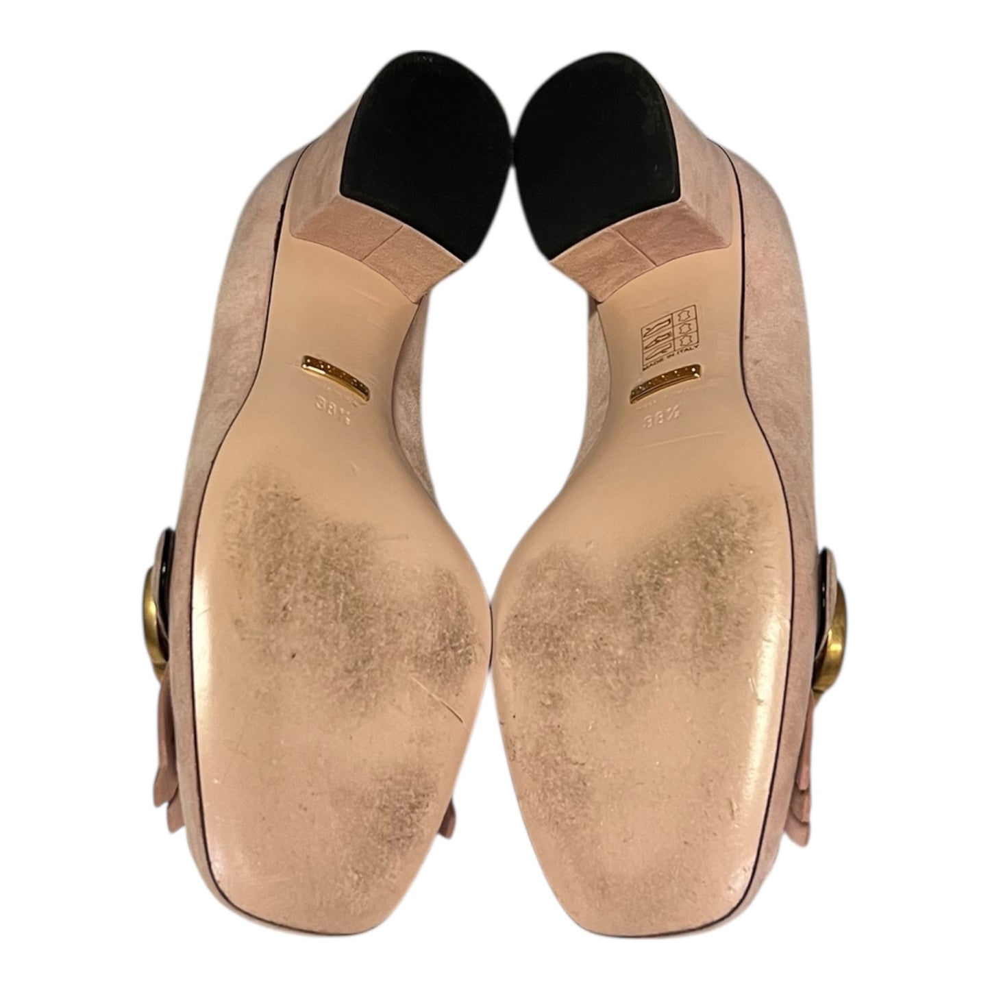 GUCCI Marmont Fringe Block Heels in Blush Suede | 38.5
