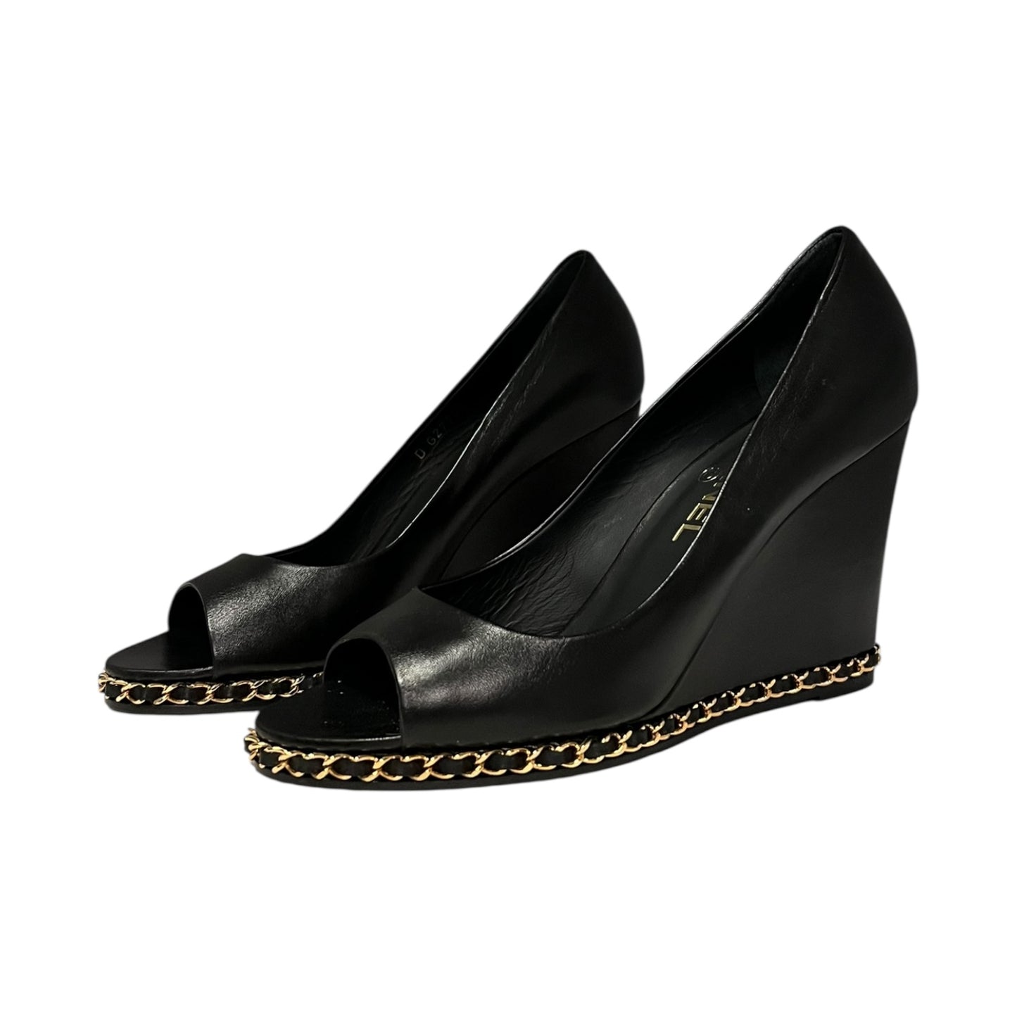 CHANEL Chain Around Peep Toe Wedges in Black | 40