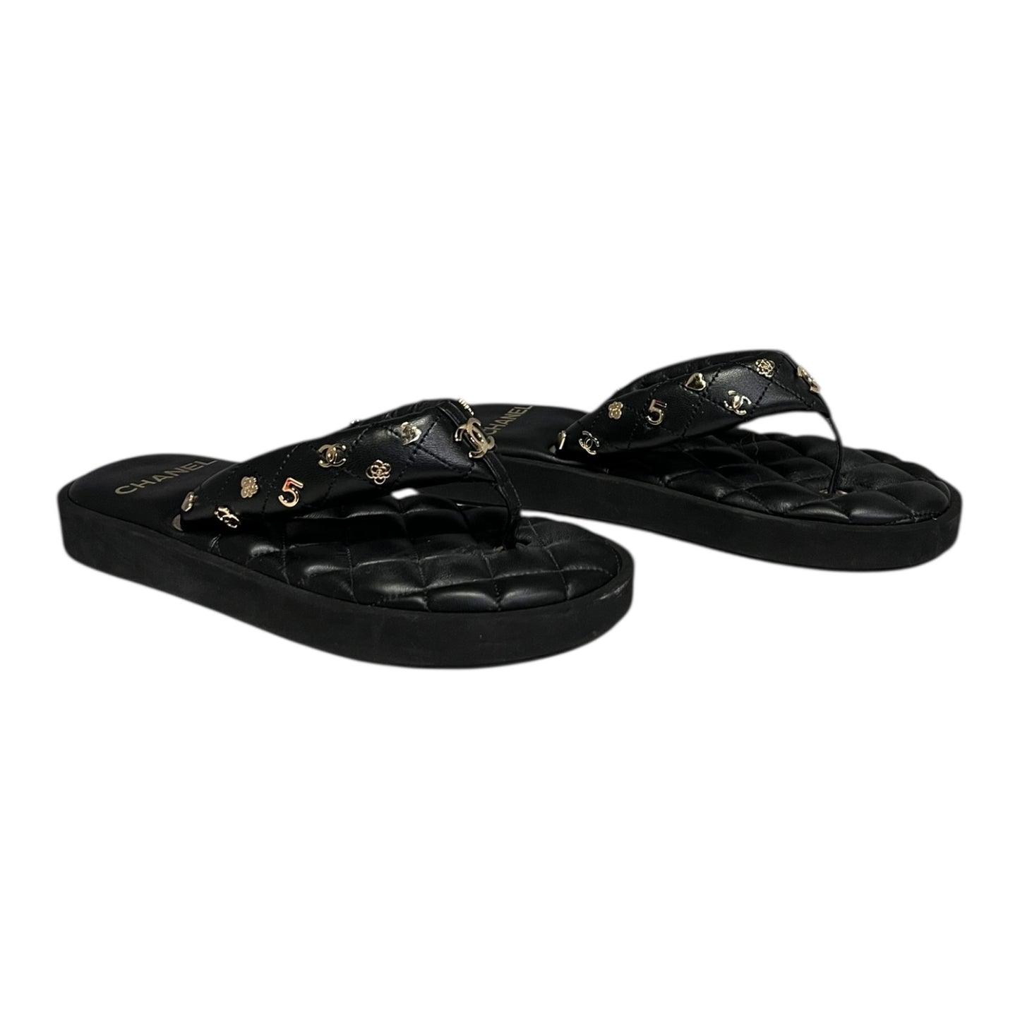 CHANEL CC Charm Quilted Flip Flop Sandals in Black | 38
