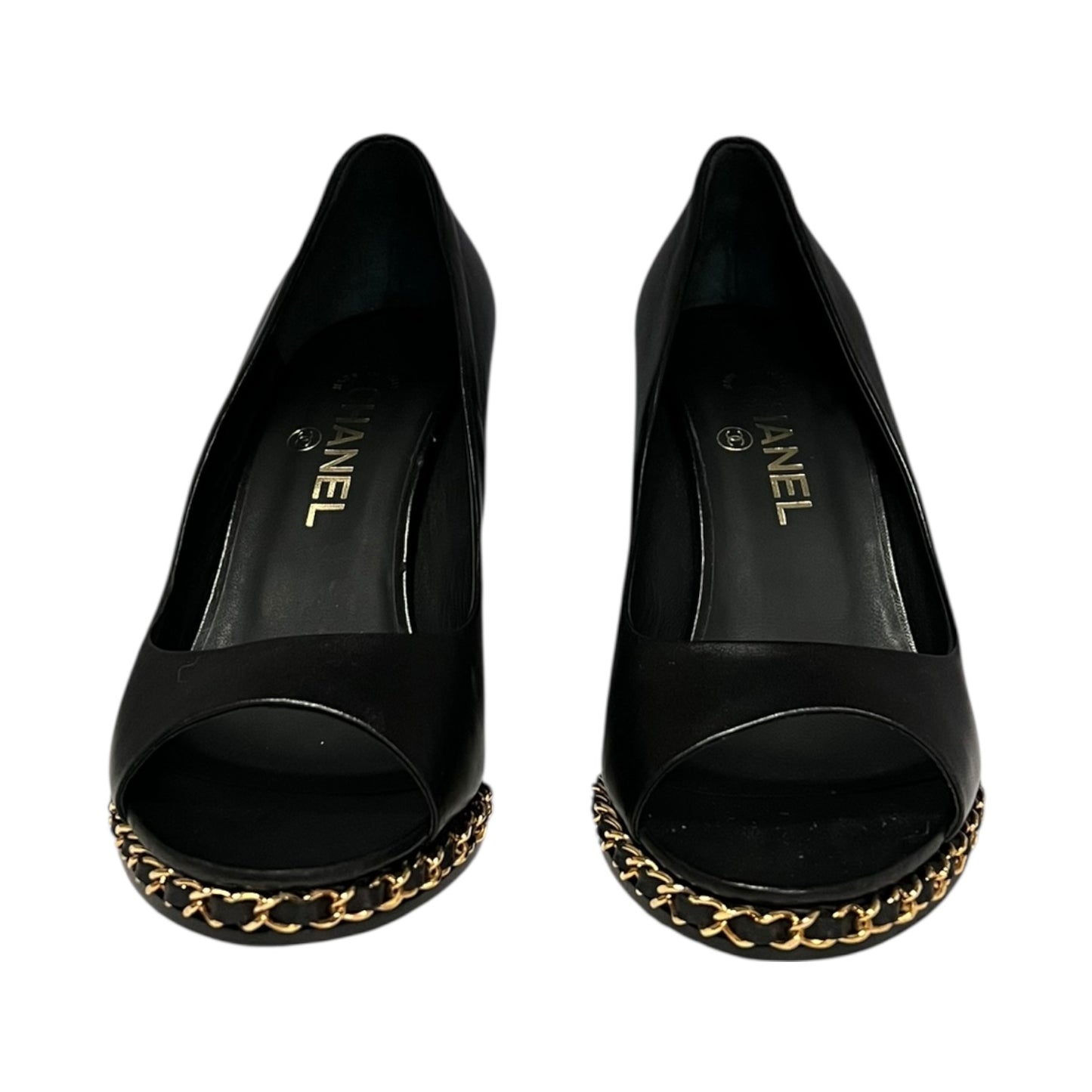 CHANEL Chain Around Peep Toe Wedges in Black | 40