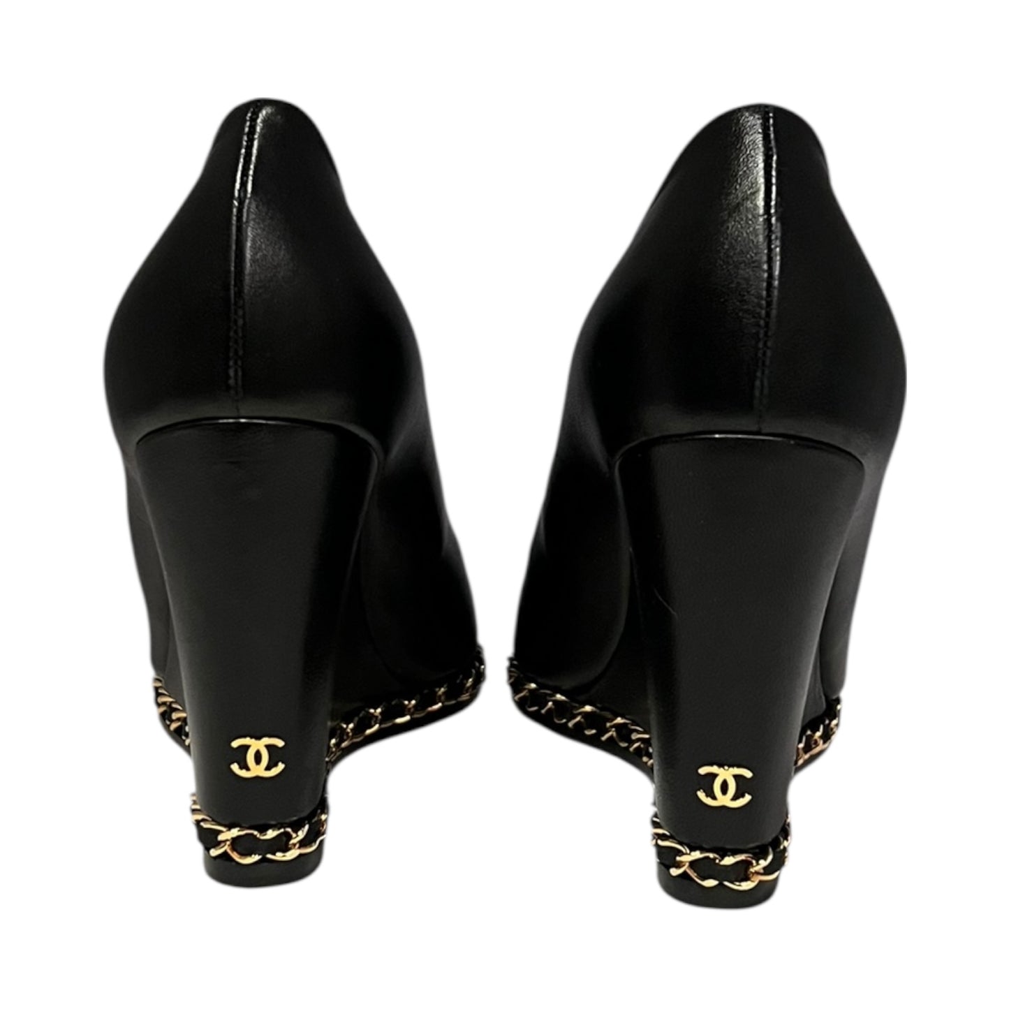 CHANEL Chain Around Peep Toe Wedges in Black | 40