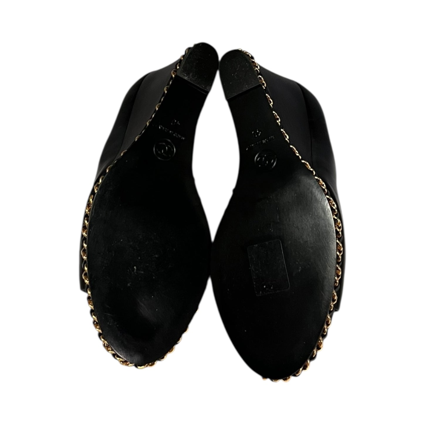 CHANEL Chain Around Peep Toe Wedges in Black | 40