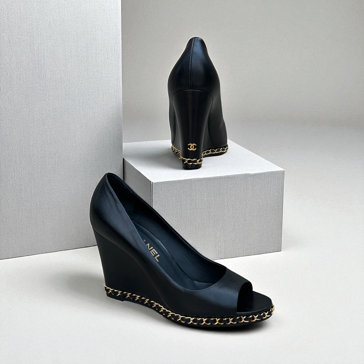 CHANEL Chain Around Peep Toe Wedges in Black | 40