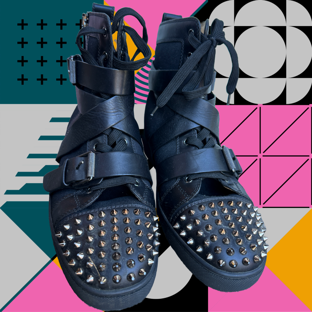 CHRISTIAN LOUBOUTIN Black Canvas and Leather Snap Shoot Spikes Sneaker More Than You Can Imagine
