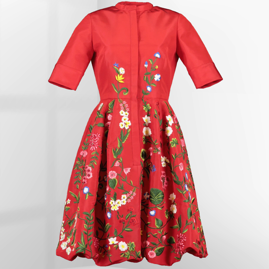 Oscar de la Renta Silk Red Floral Embroidered Bubble Hem Dress US 4 Oscar de la Renta Silk Red Floral Embroidered Bubble Hem Dress US 4