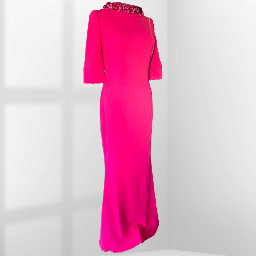 BADGLEY MISCHKA Odessa Crepe Gown in Fuchsia | Size 4-6 More Than You Can Imagine BADGLEY MISCHKA Odessa Crepe Gown in Fuchsia | Size 4-6 More Than You Can Imagine