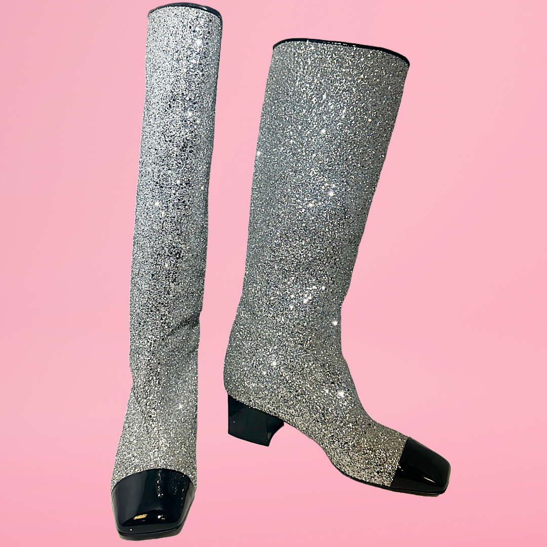 CHANEL Glitter Patent Calfskin Cap Toe Fantasy High Boots 40