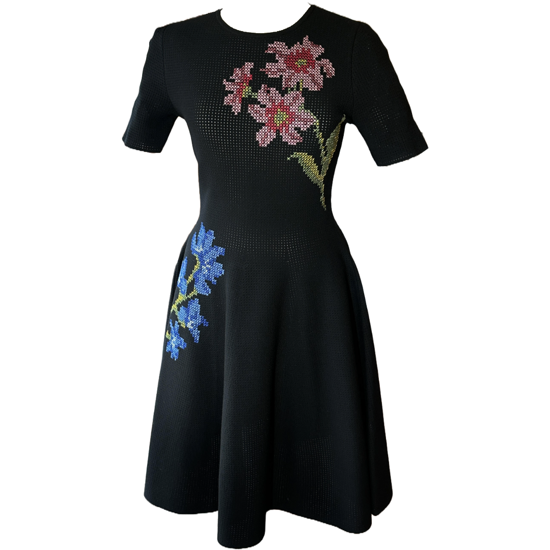 OSCAR de la RENTA Black Cross Stitch Floral Embroidered Pointelle Dress | Size 6