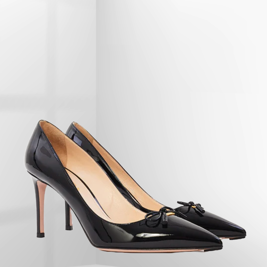 PRADA Black Patent Leather Logo Bow Pointed Toe Pumps | 36.5 PRADA Black Patent Leather Logo Bow Pointed Toe Pumps | 36.5