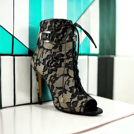 B BRIAN ATWOOD Lace Peep Toe Booties in Black | Size 8