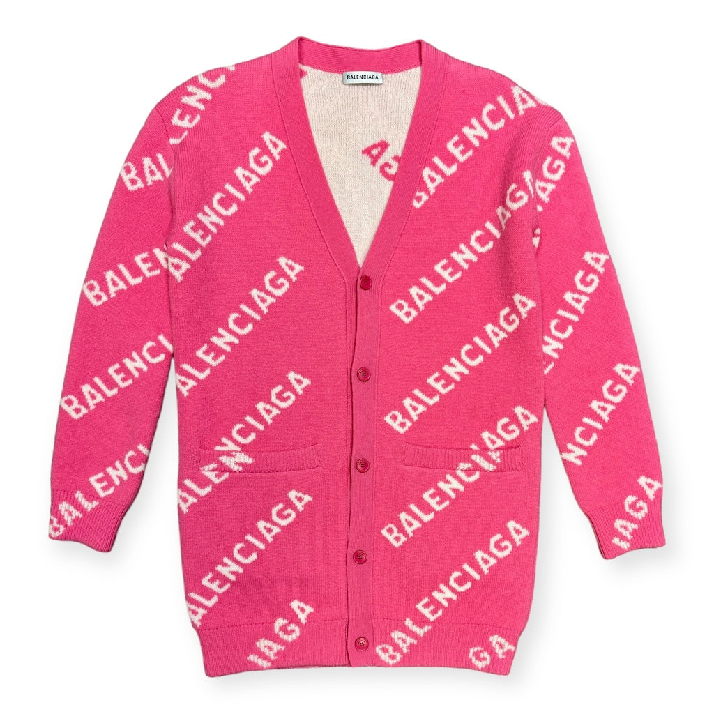 BALENCIAGA All Over Logo Cardigan in Pink | Size XS