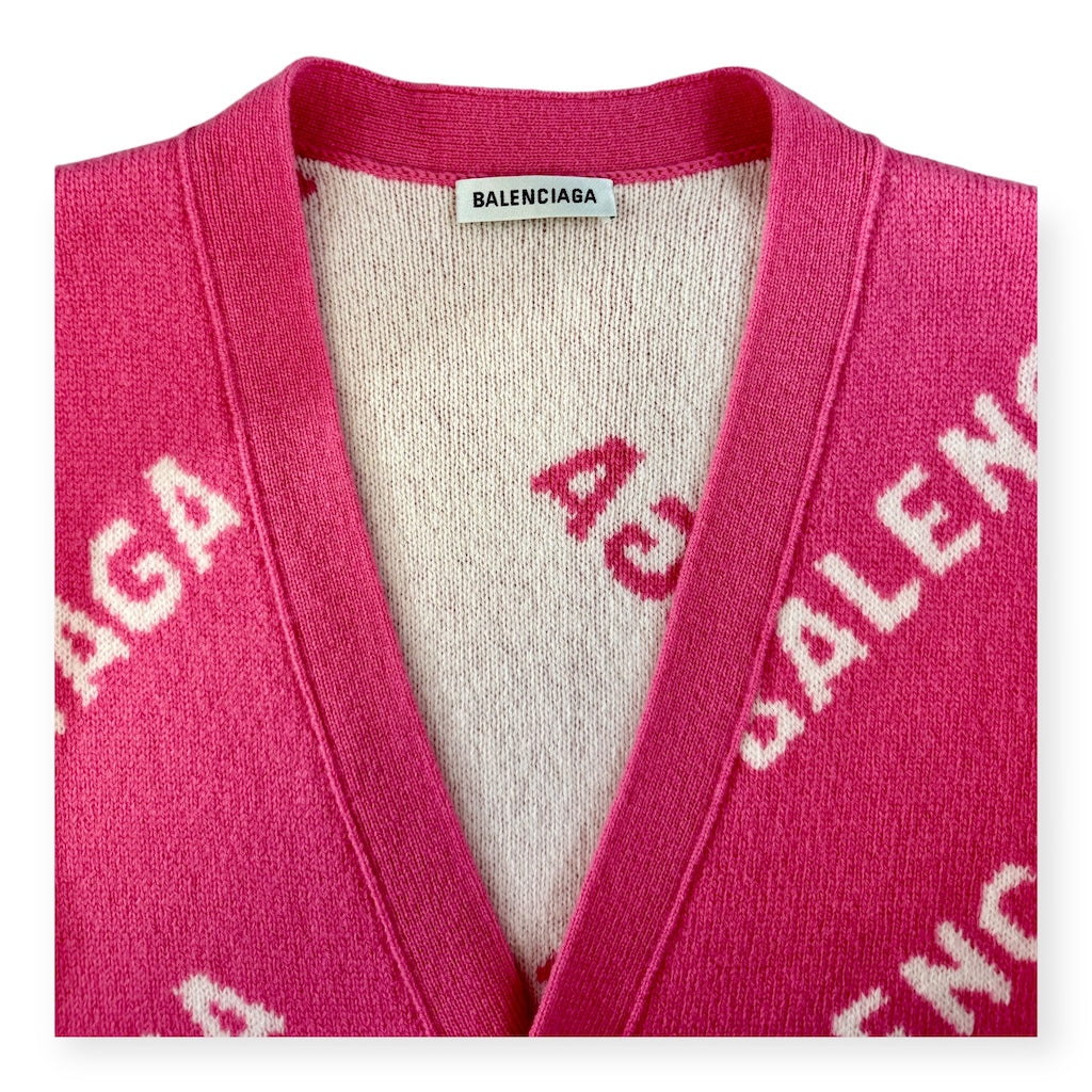 BALENCIAGA All Over Logo Cardigan in Pink | Size XS
