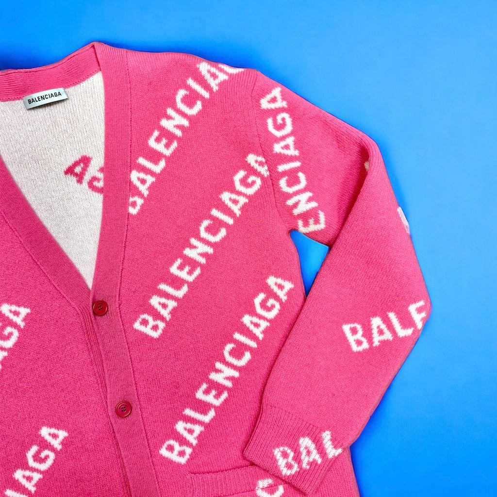 BALENCIAGA All Over Logo Cardigan in Pink | Size XS