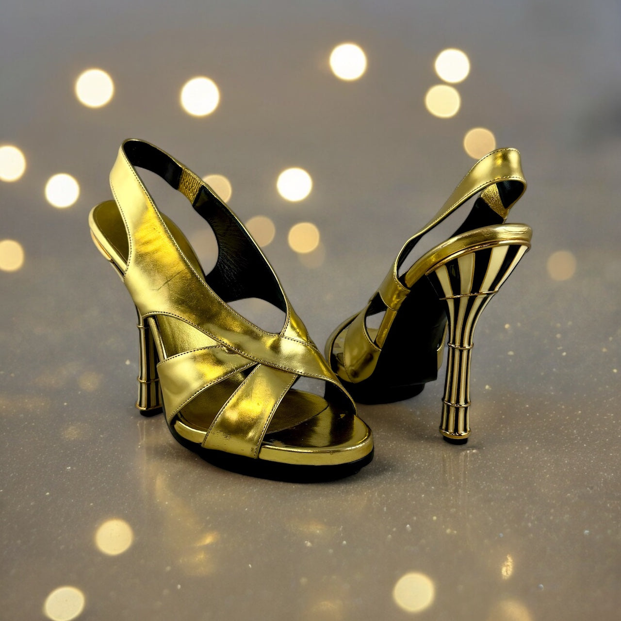 BALENCIAGA Sculpted Heel Sandals in Gold | Size 37